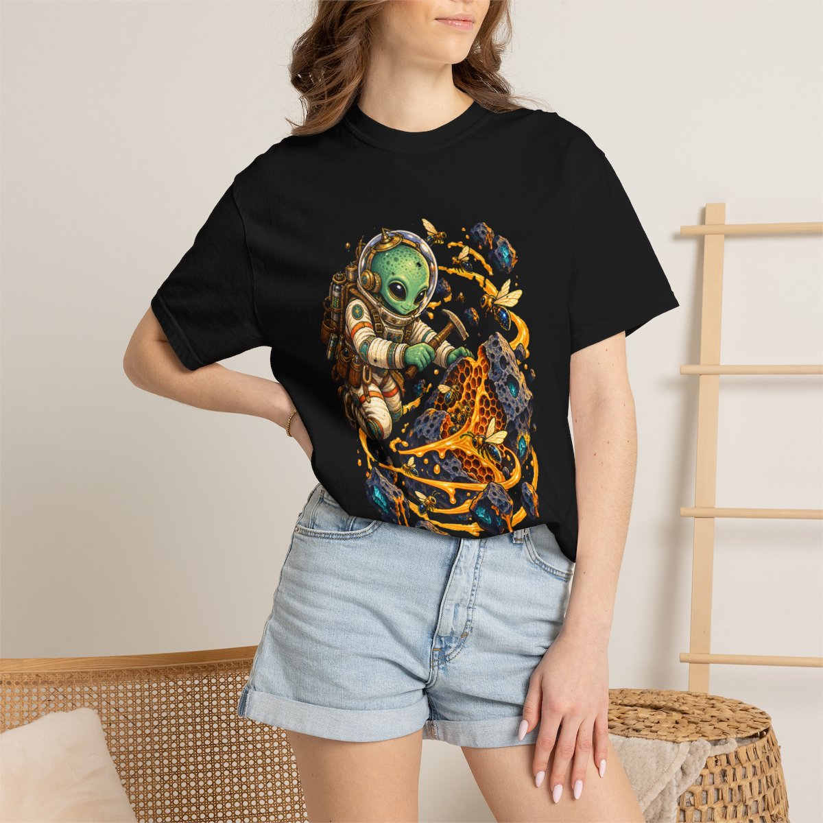 Void Apiary Tee worn Printify context view on a Black Comfort Colors 1717 tee