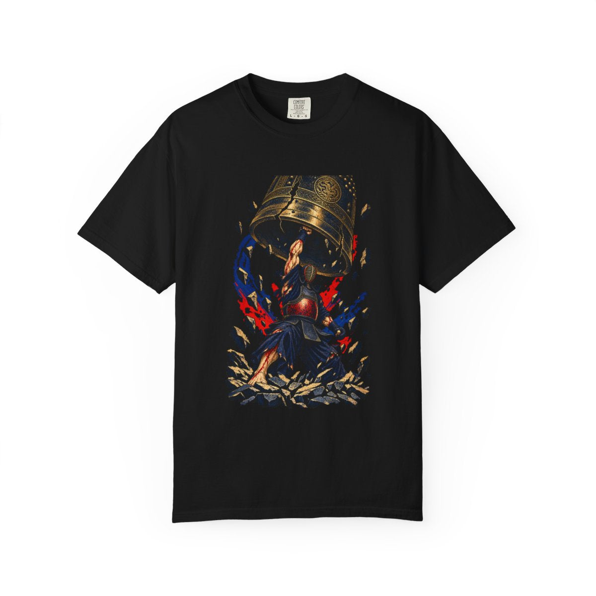 Bell Defiant Tee large front print on a Black Comfort Colors 1717 tee
