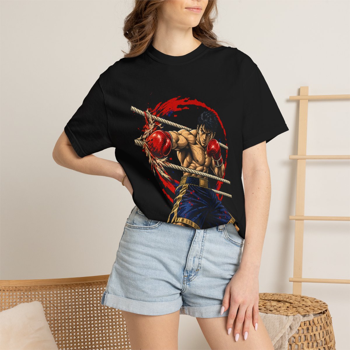 Rope Burn Tee worn Printify context view on a Black Comfort Colors 1717 tee