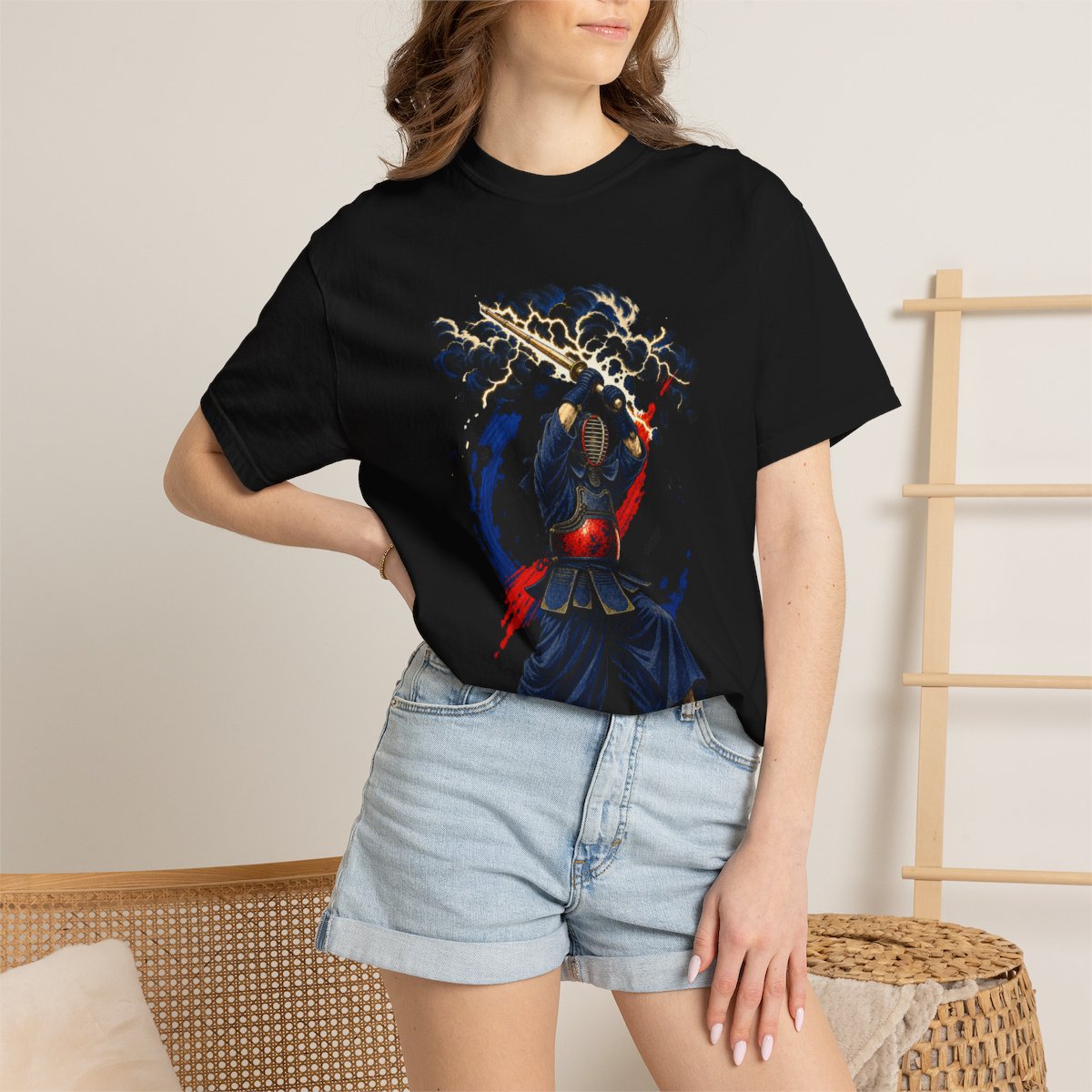 Thunder Draw Tee worn Printify context view on a Black Comfort Colors 1717 tee