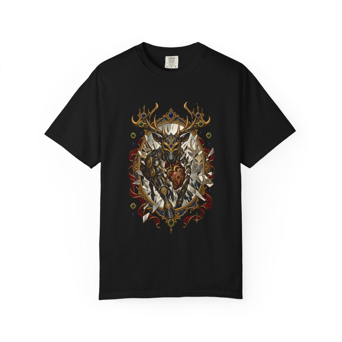 Iron Masque Tee large front print on a Black Comfort Colors 1717 tee