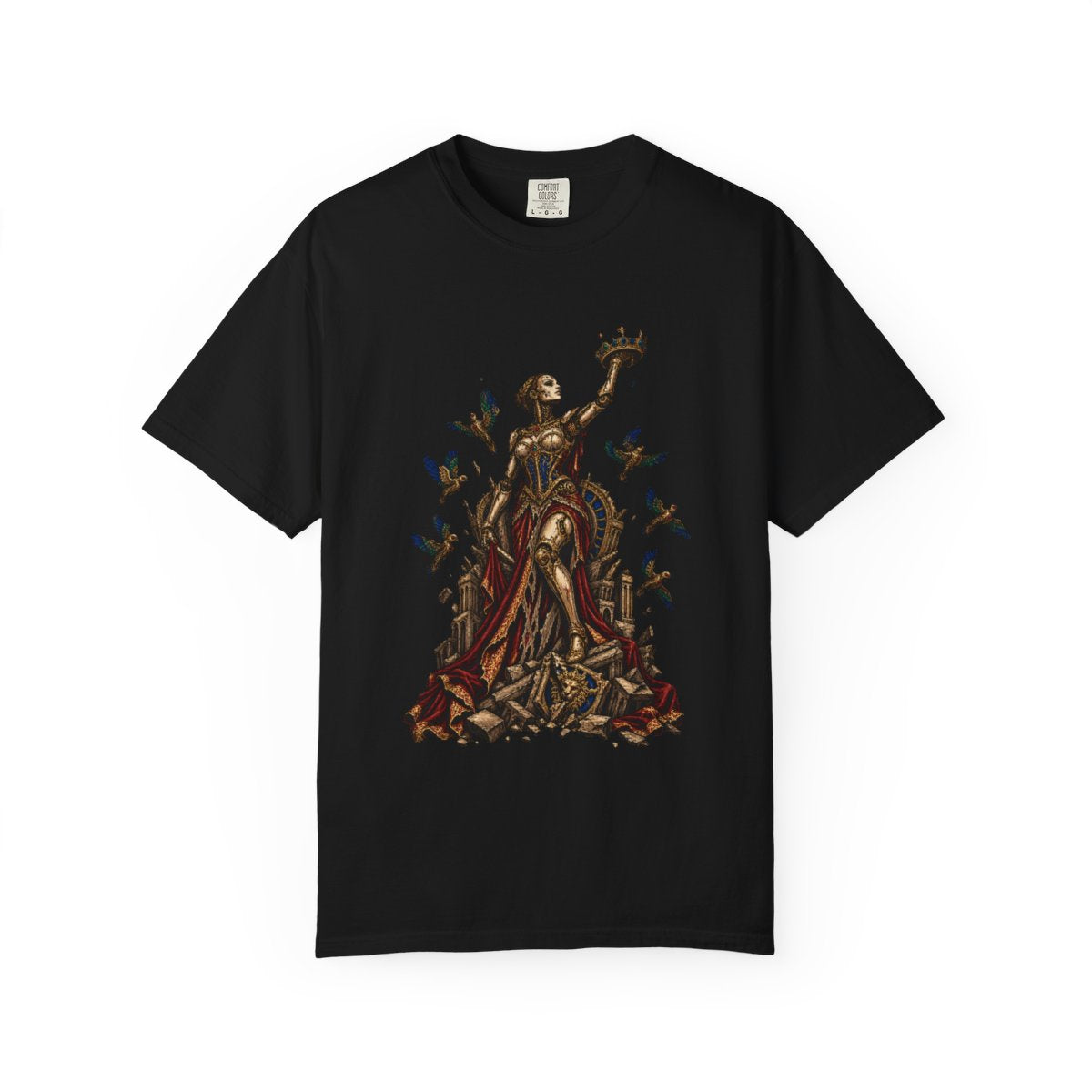 Last Coronation Tee large front print on a Black Comfort Colors 1717 tee