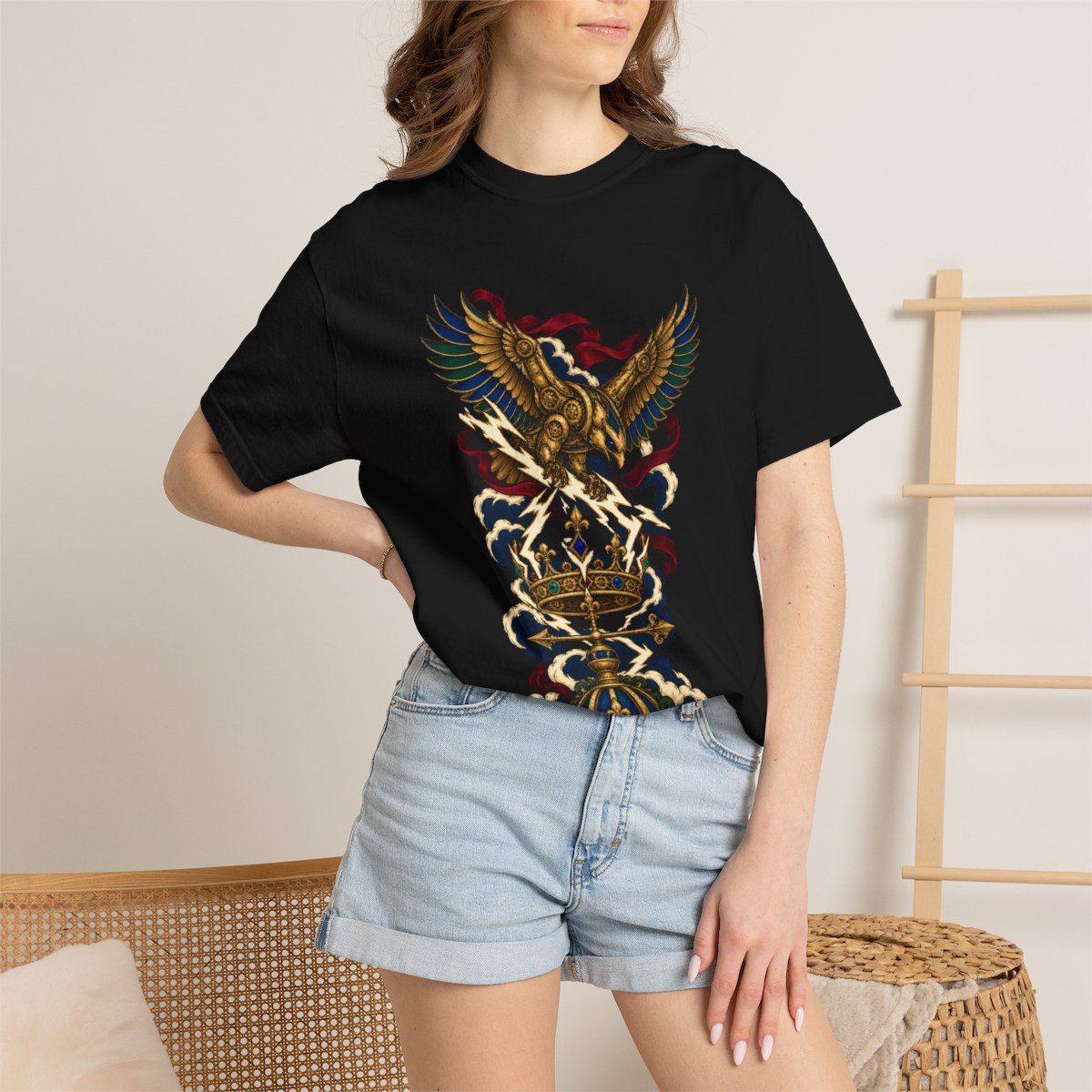 Storm Regent Tee worn Printify context view on a Black Comfort Colors 1717 tee