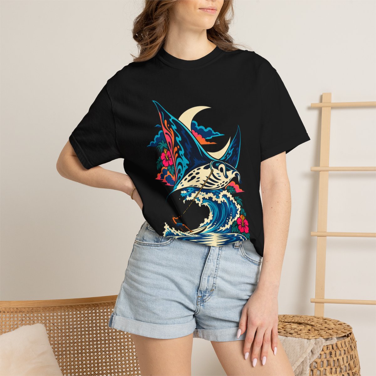 Moon Manta Tee worn Printify context view on a Black Comfort Colors 1717 tee