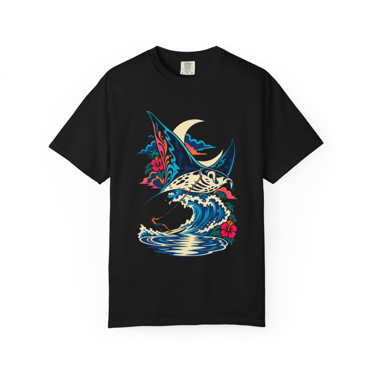 Moon Manta Tee large front print on a Black Comfort Colors 1717 tee