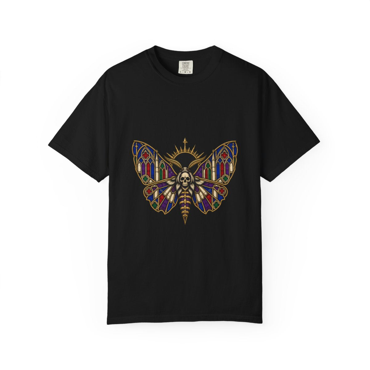Cathedral Moth Tee large front print on a Black Comfort Colors 1717 tee
