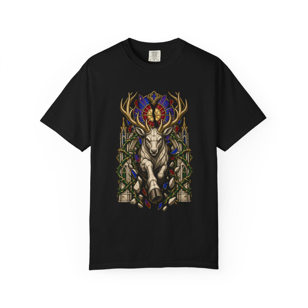 Halo Stag Tee large front print on a Black Comfort Colors 1717 tee
