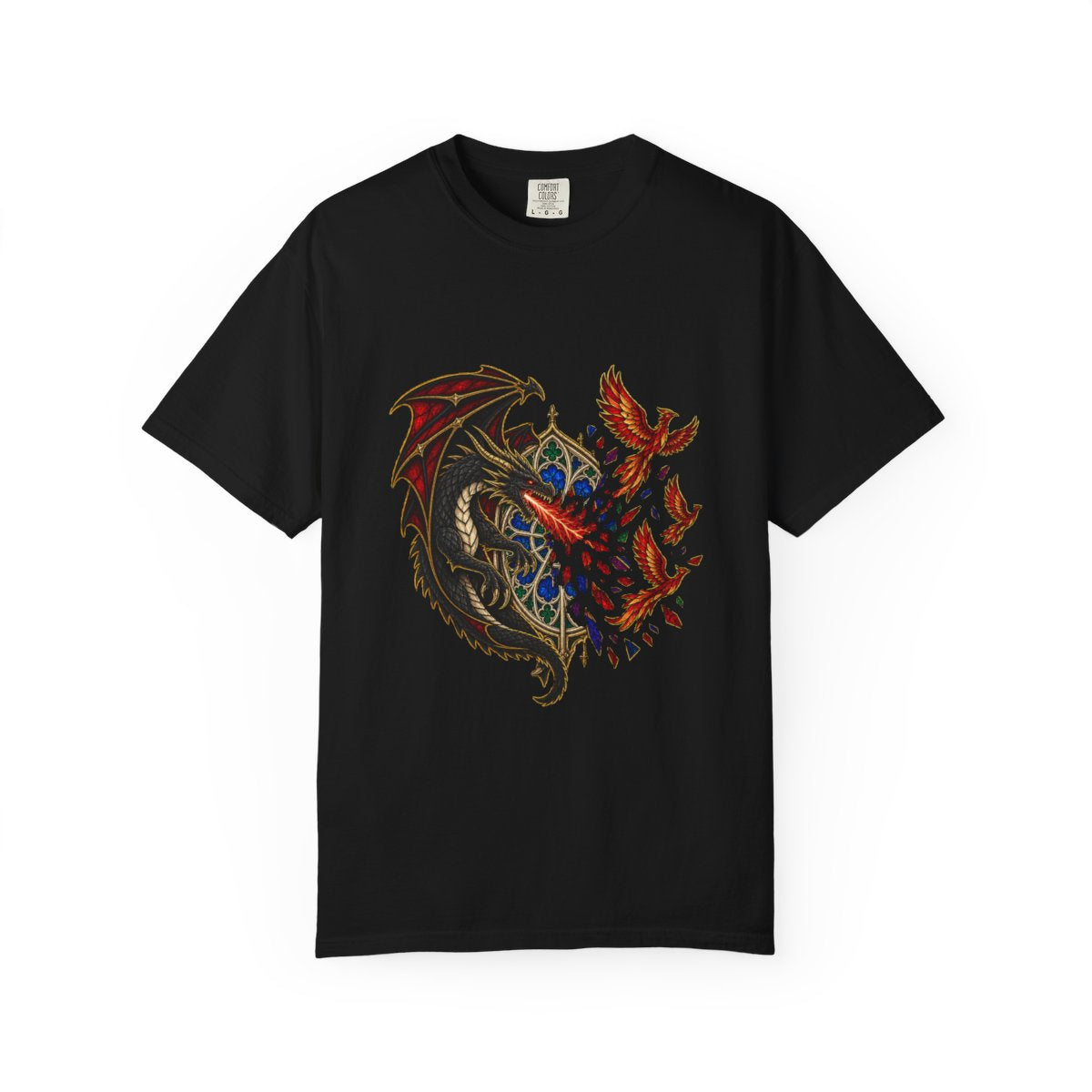 Rosefire Tee large front print on a Black Comfort Colors 1717 tee