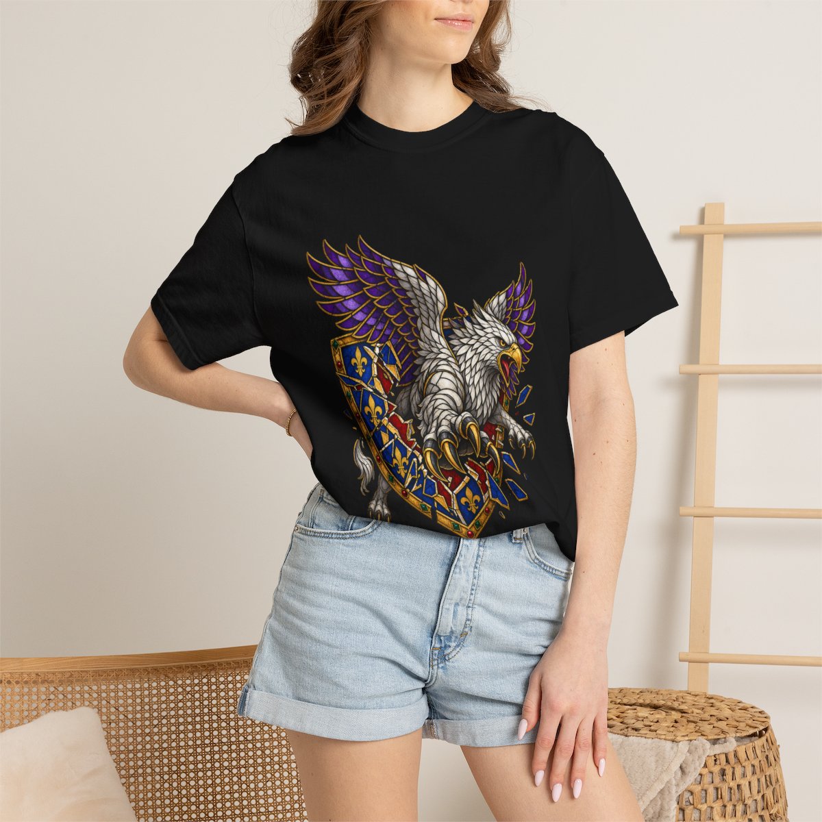Shatterwing Tee worn Printify context view on a Black Comfort Colors 1717 tee