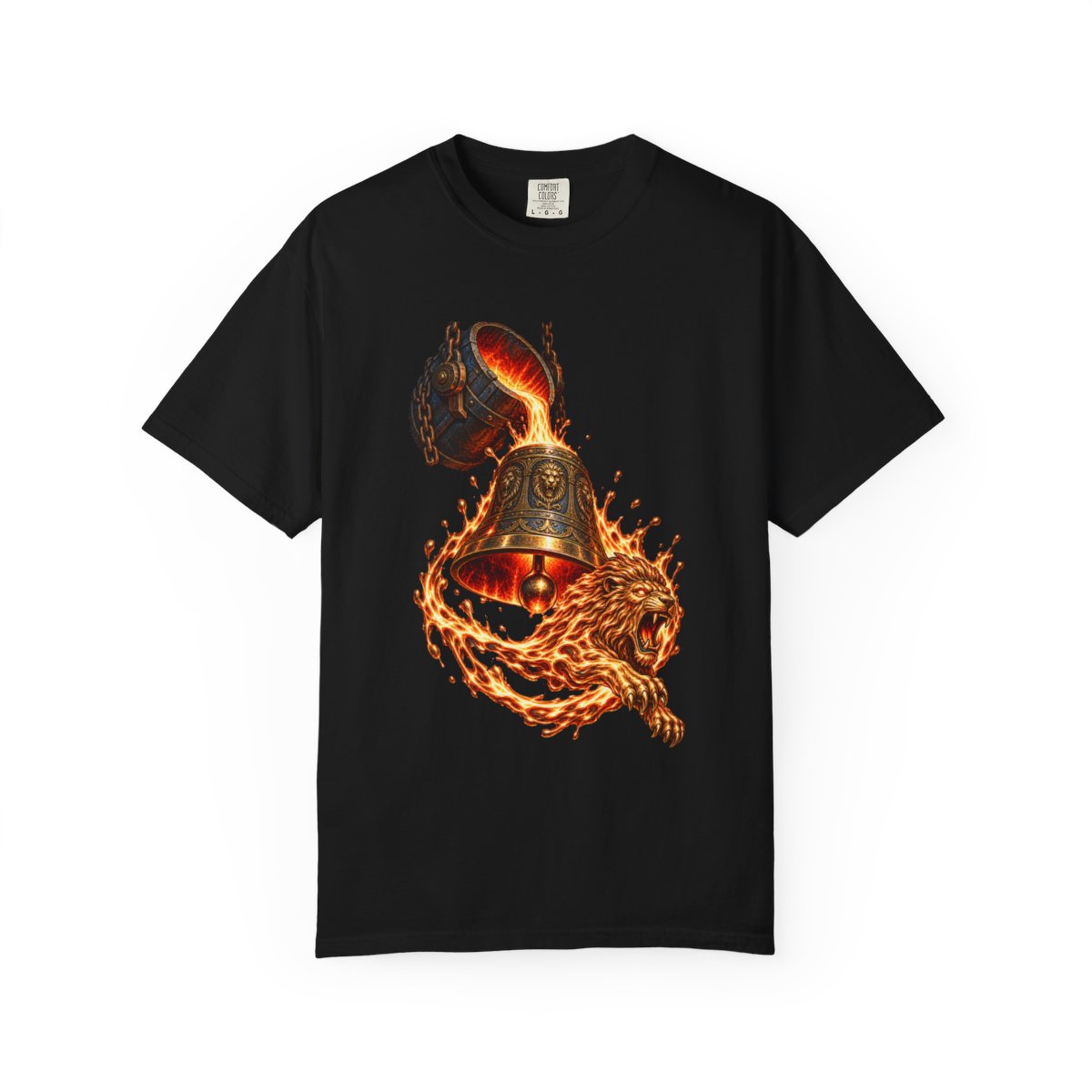 Bellfire Tee large front print on a Black Comfort Colors 1717 tee