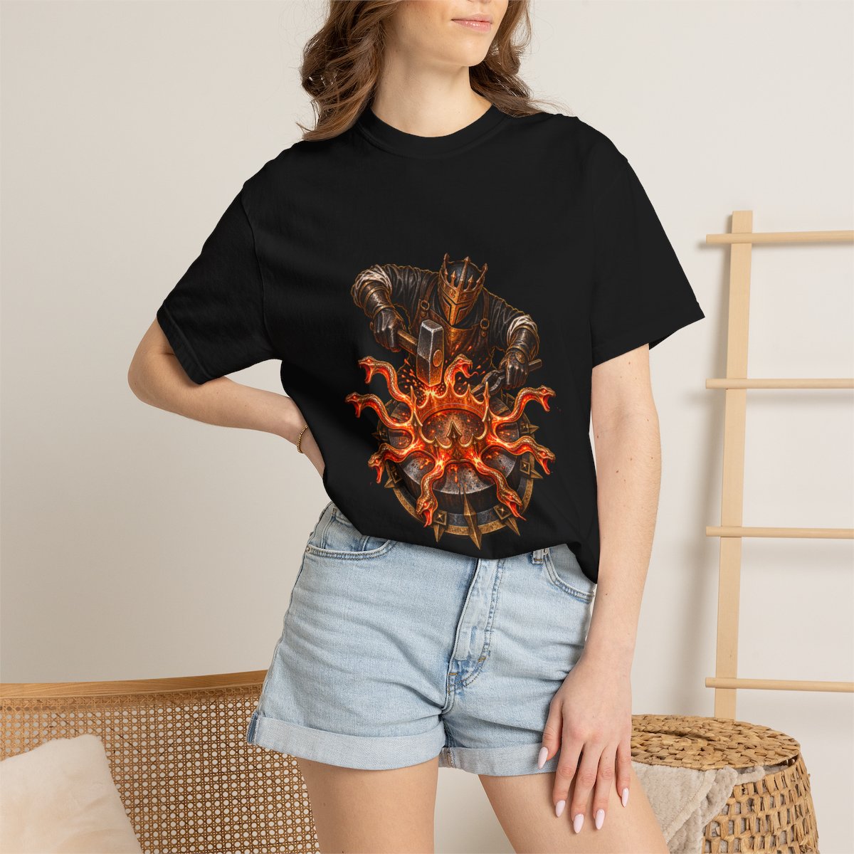Crownforge Tee worn Printify context view on a Black Comfort Colors 1717 tee
