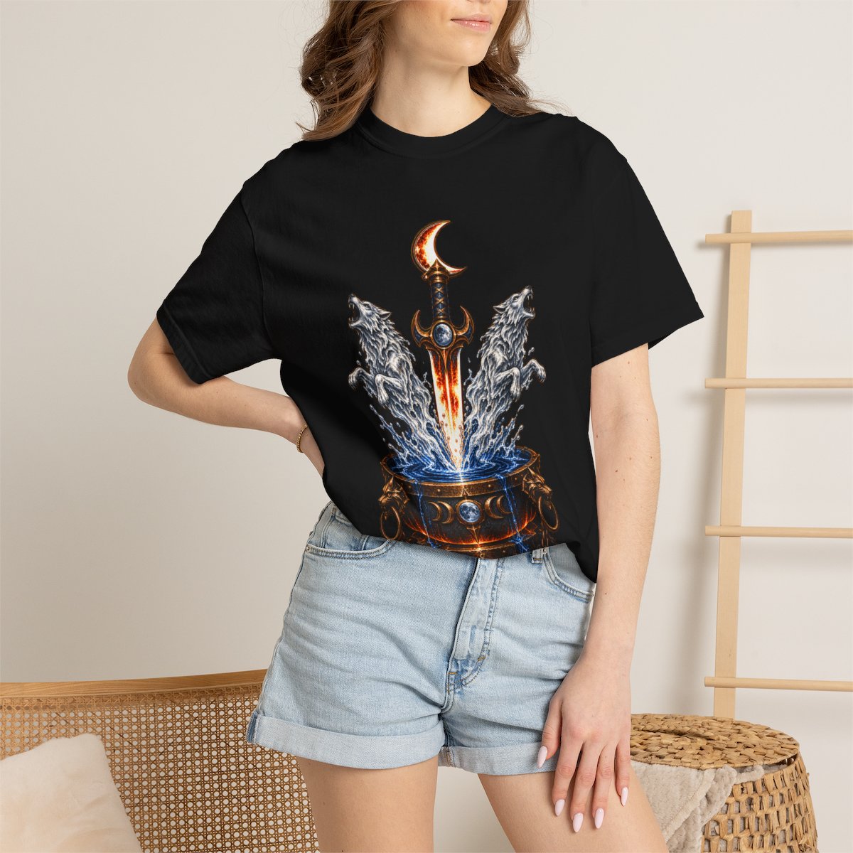 Moon Temper Tee worn Printify context view on a Black Comfort Colors 1717 tee
