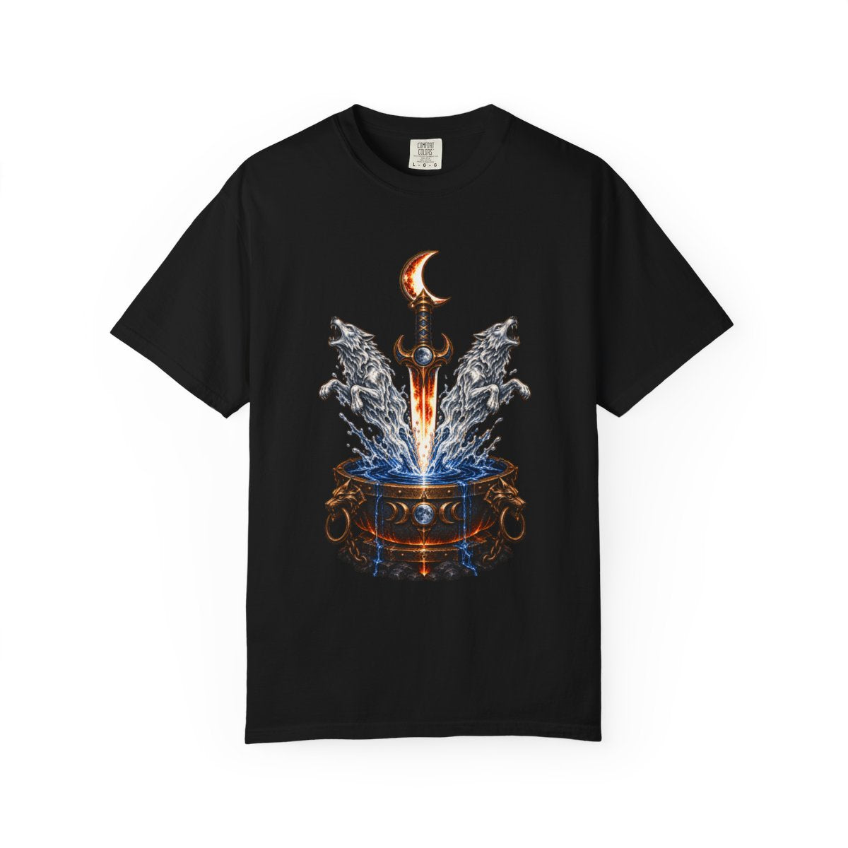 Moon Temper Tee large front print on a Black Comfort Colors 1717 tee