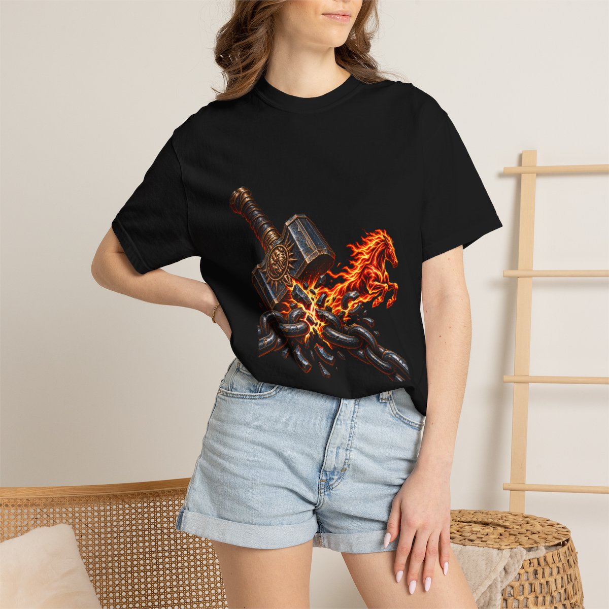 Shacklefall Tee worn Printify context view on a Black Comfort Colors 1717 tee