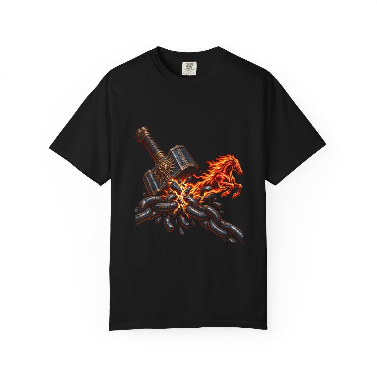 Shacklefall Tee large front print on a Black Comfort Colors 1717 tee