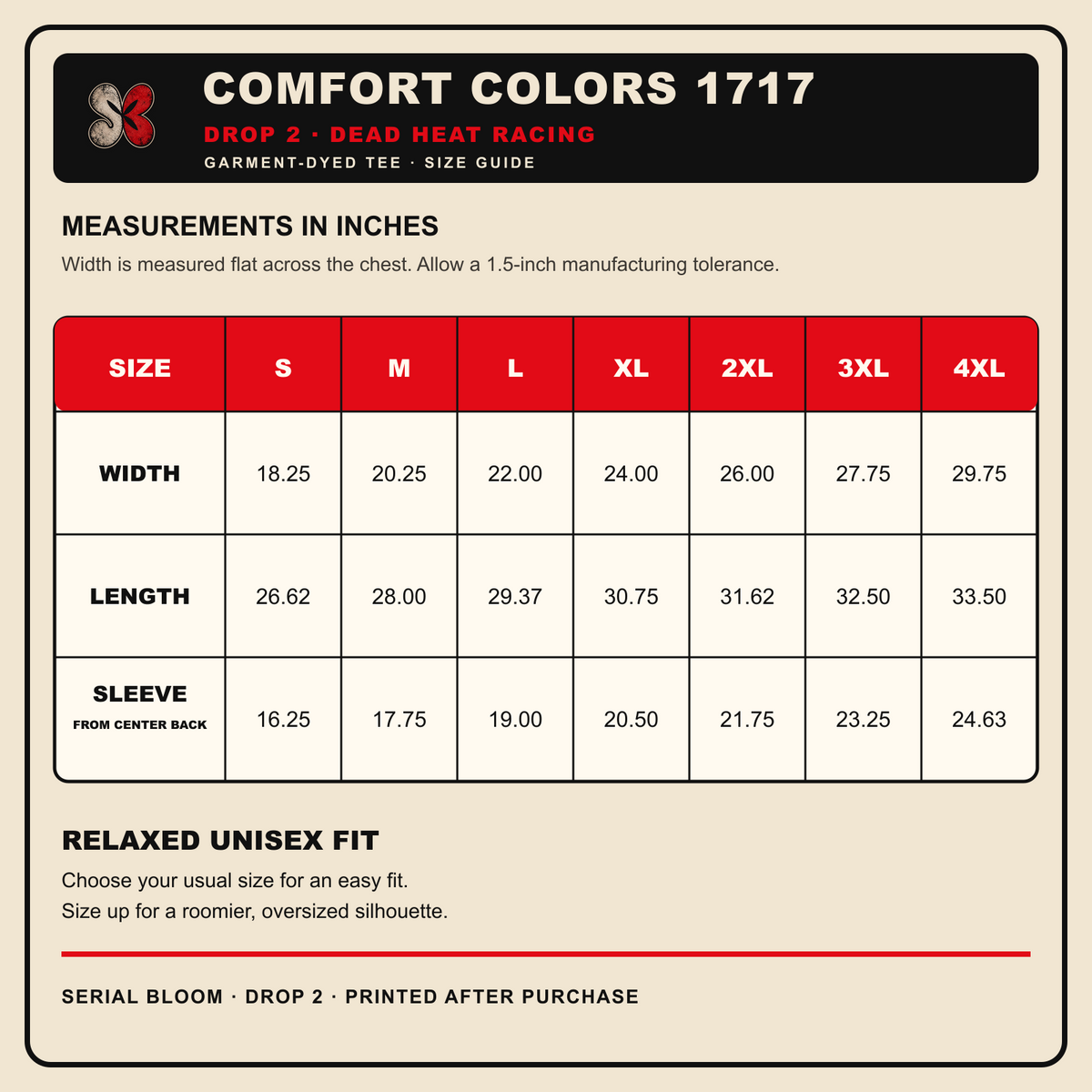 Drop 2 Dead Heat Racing Comfort Colors 1717 racing-stripe SB size guide