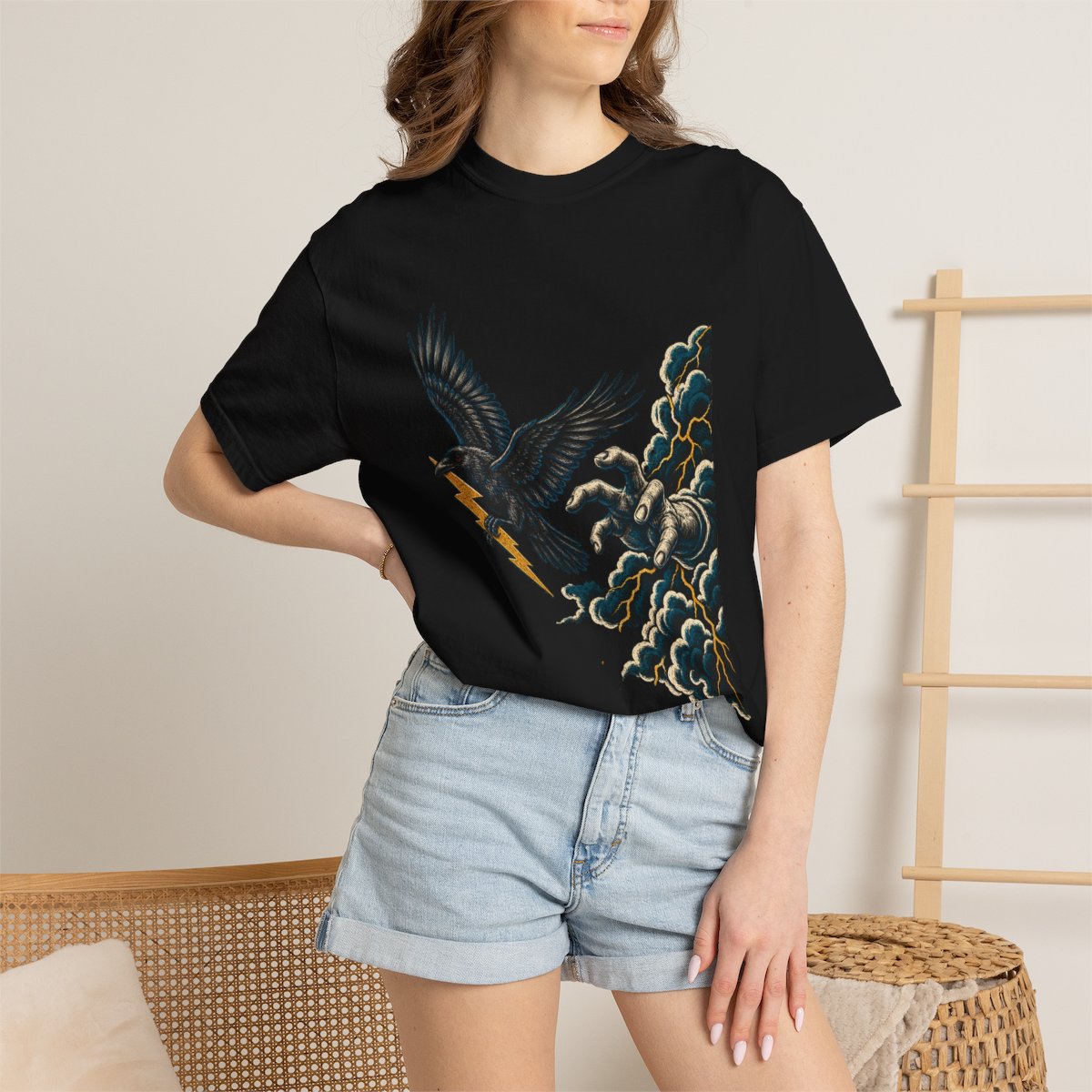 Bolt Thief Tee worn Printify context view on a Black Comfort Colors 1717 tee