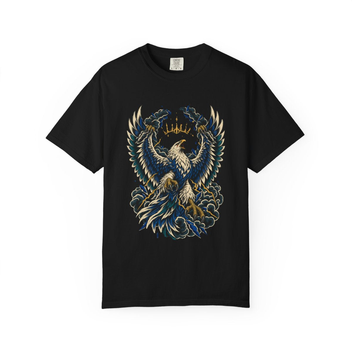 Storm Crown Tee large front print on a Black Comfort Colors 1717 tee