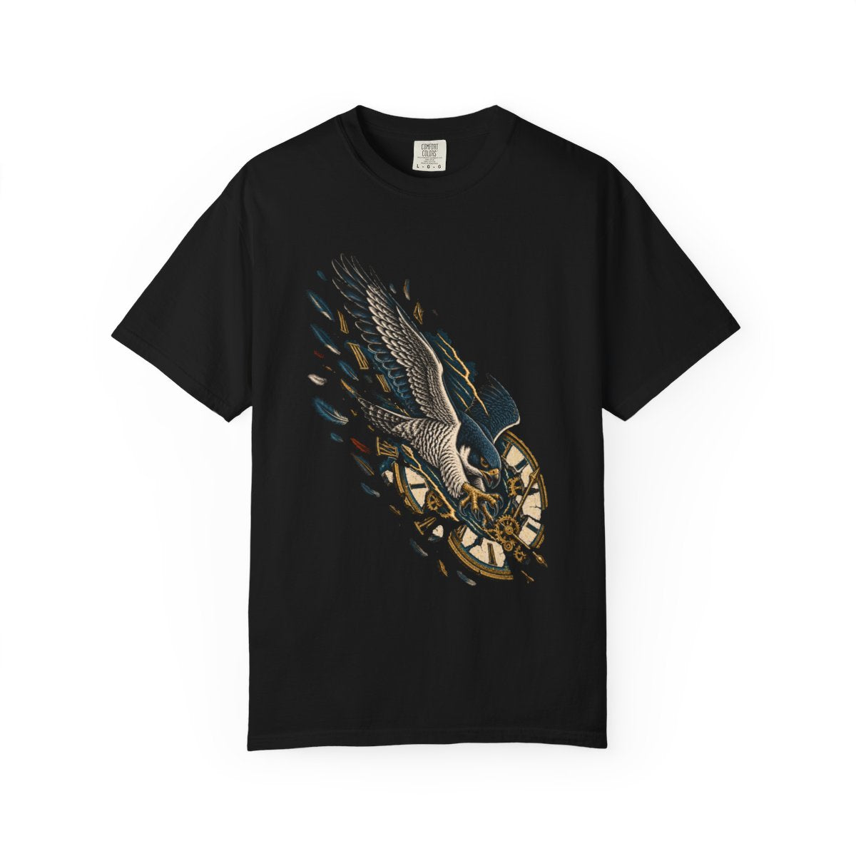 Timefall Falcon Tee large front print on a Black Comfort Colors 1717 tee