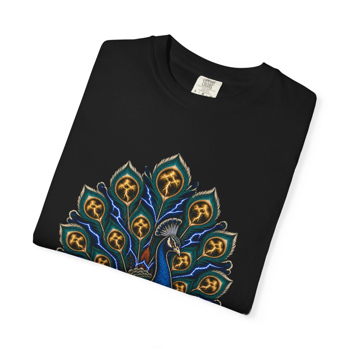 Voltage Peacock Tee folded front print detail