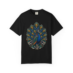 Voltage Peacock Tee large front print on a Black Comfort Colors 1717 tee