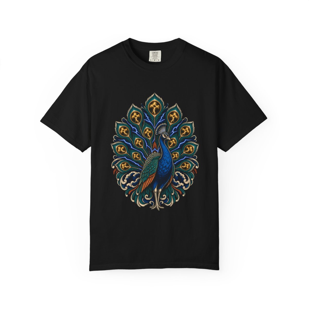Voltage Peacock Tee large front print on a Black Comfort Colors 1717 tee