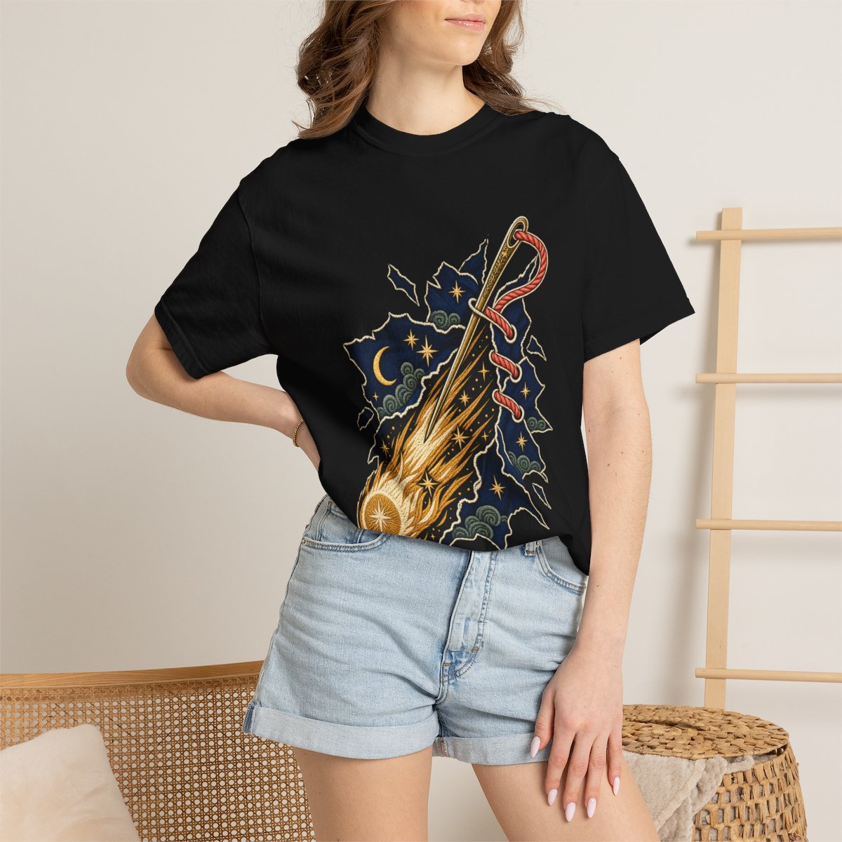 Comet Needle Tee worn Printify context view on a Black Comfort Colors 1717 tee