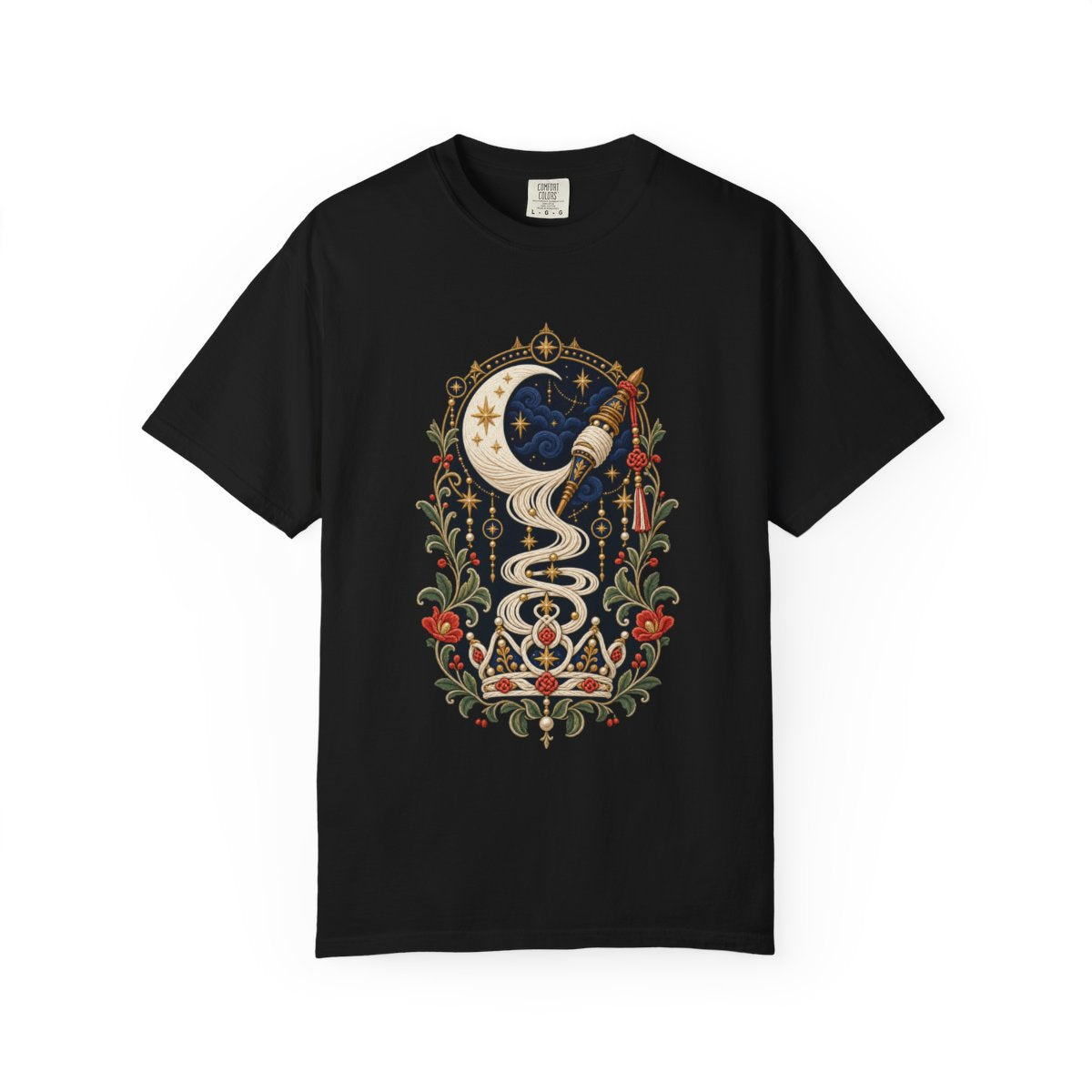 Moonspindle Tee large front print on a Black Comfort Colors 1717 tee