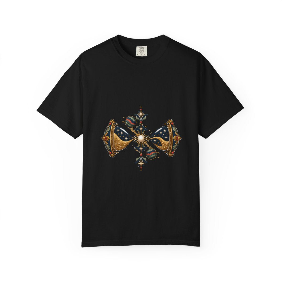 Orbit Hourglass Tee large front print on a Black Comfort Colors 1717 tee