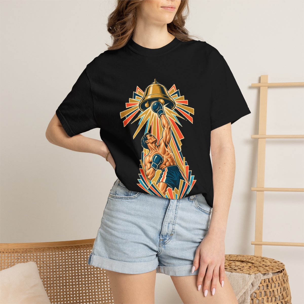 Bell Strike Tee worn Printify context view on a Black Comfort Colors 1717 tee