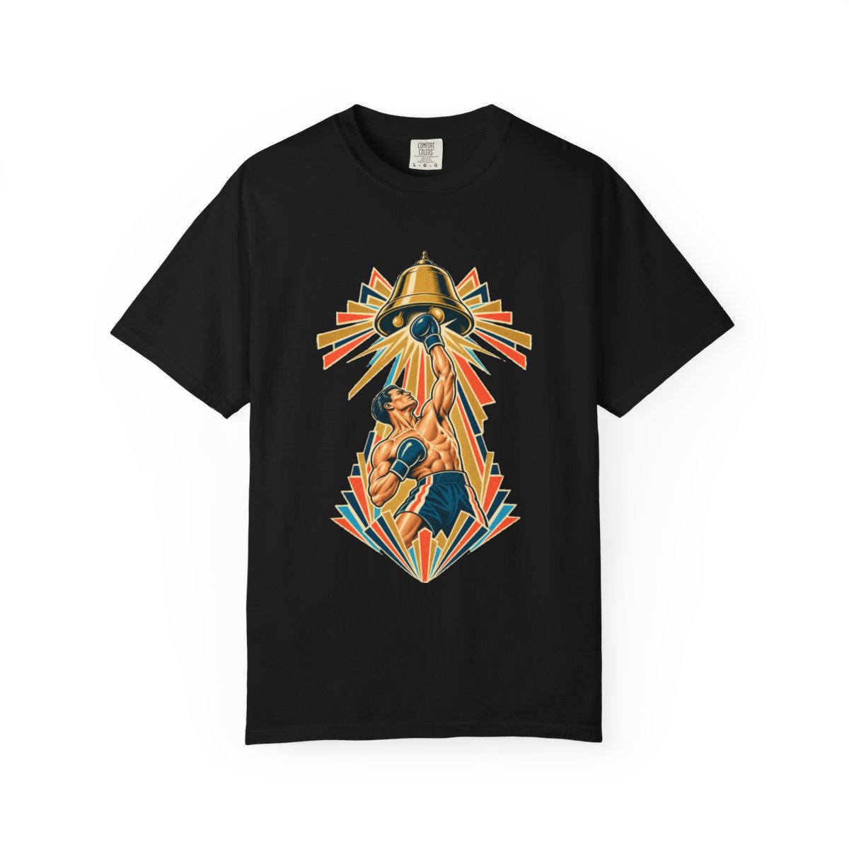 Bell Strike Tee large front print on a Black Comfort Colors 1717 tee
