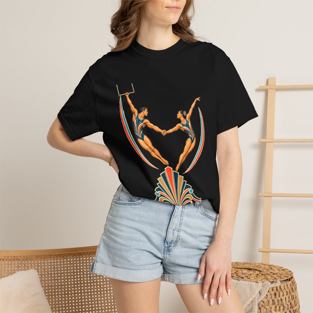 Flying Catch Tee worn Printify context view on a Black Comfort Colors 1717 tee