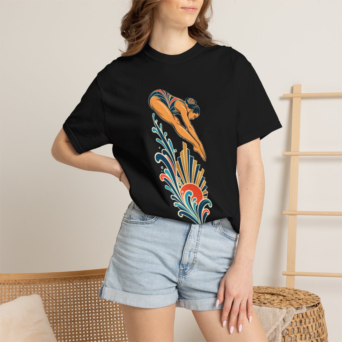 Skyline Dive Tee worn Printify context view on a Black Comfort Colors 1717 tee