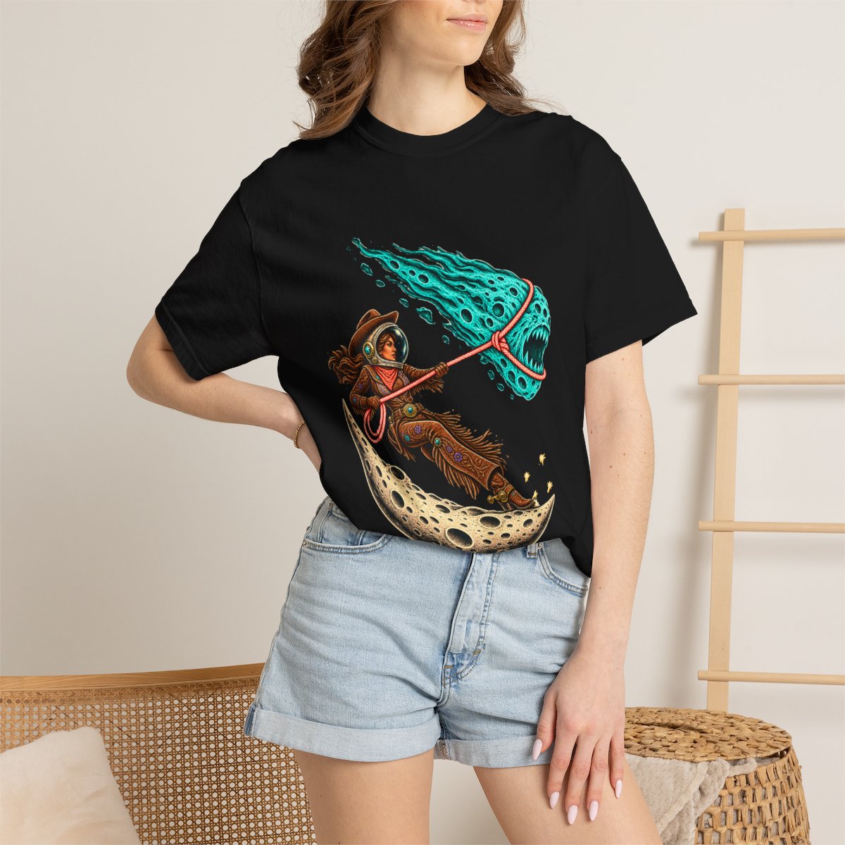 Comet Lariat Tee worn Printify context view on a Black Comfort Colors 1717 tee