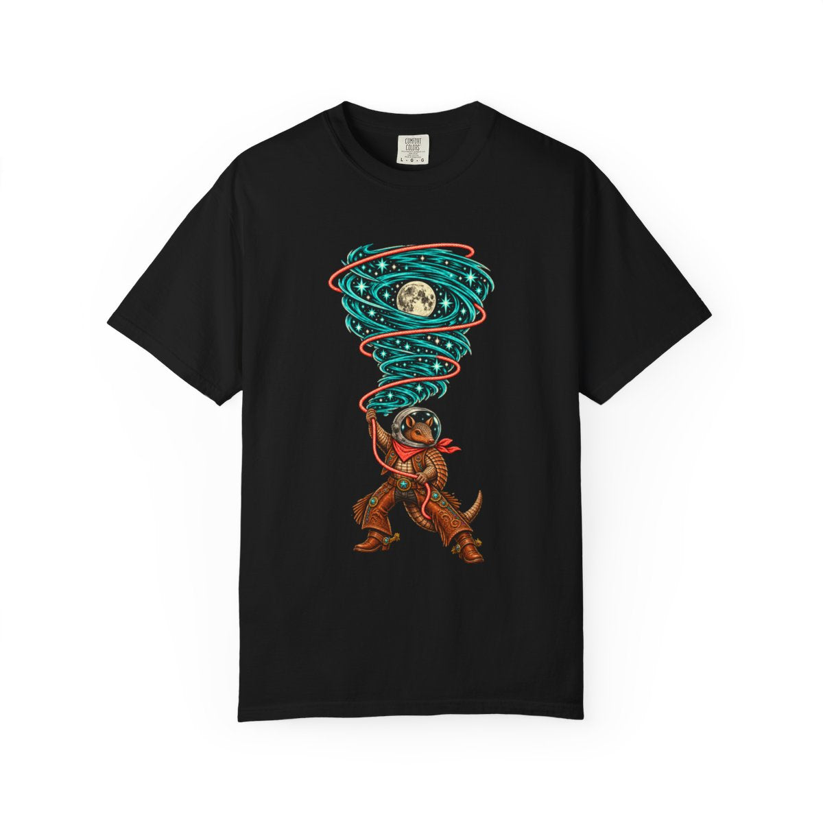 Dust Devil Tee large front print on a Black Comfort Colors 1717 tee