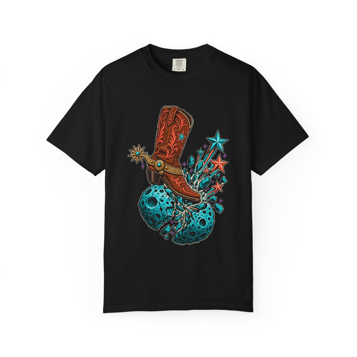 Star Spur Tee large front print on a Black Comfort Colors 1717 tee