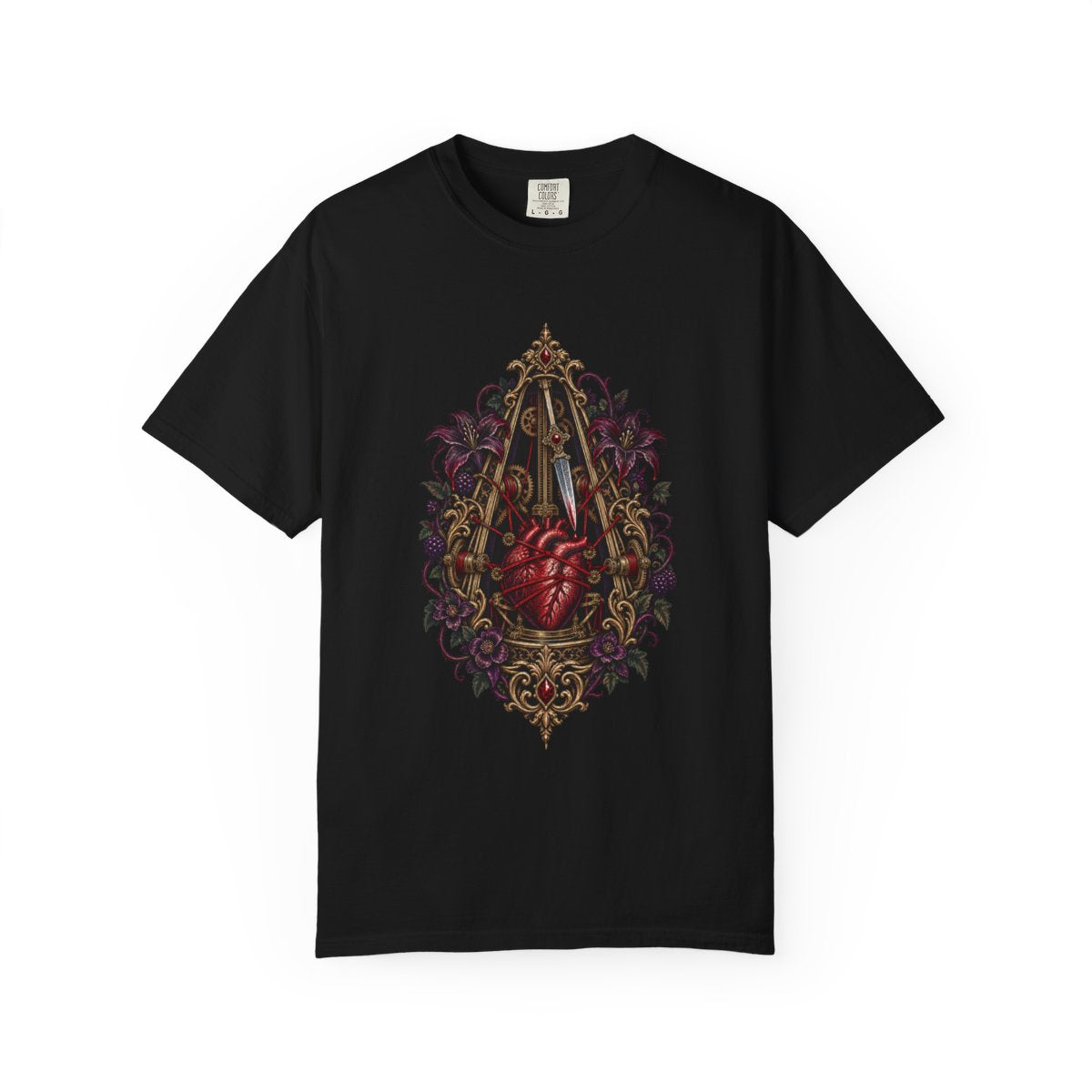 Clockwork Pulse Tee large front print on a Black Comfort Colors 1717 tee