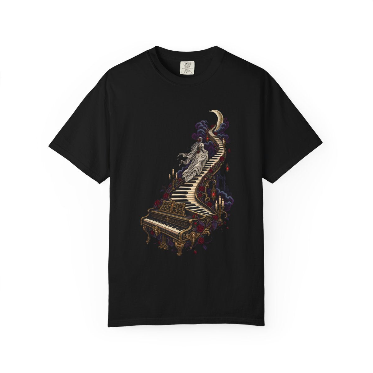 Moonstep Tee large front print on a Black Comfort Colors 1717 tee