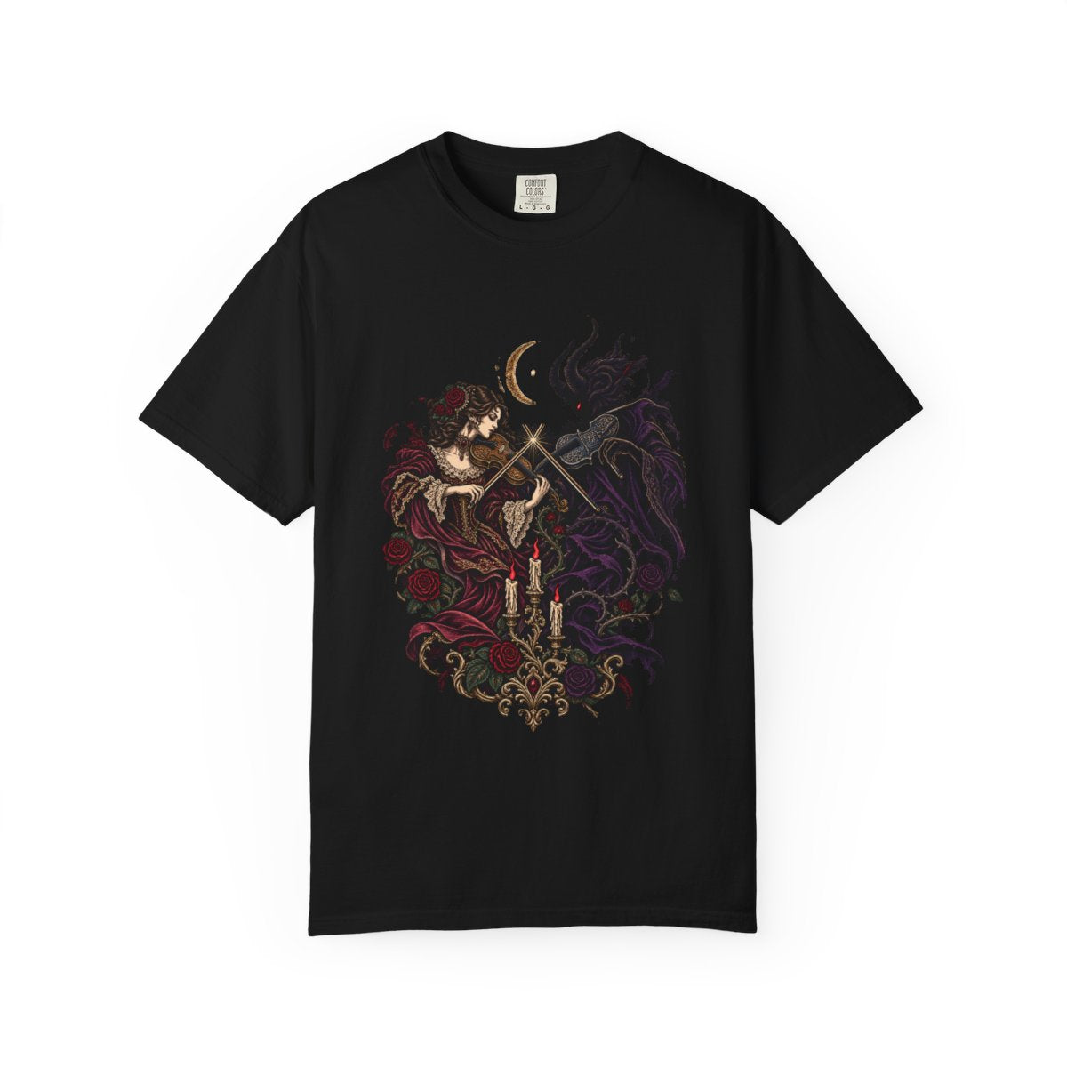 Shadow Duet Tee large front print on a Black Comfort Colors 1717 tee