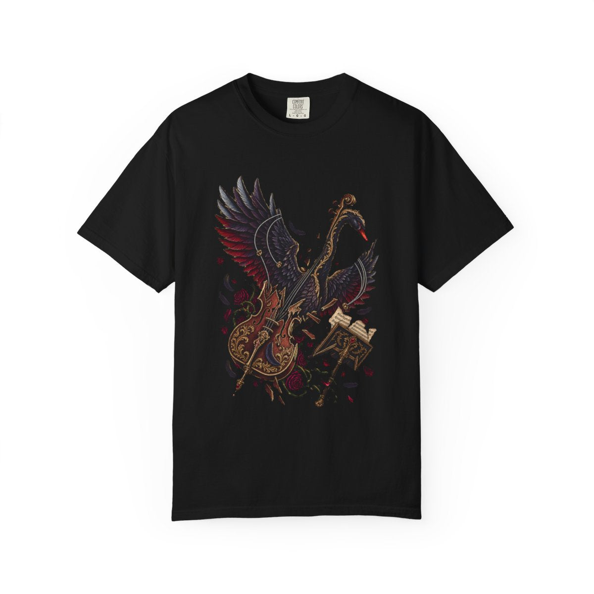 Swan Requiem Tee large front print on a Black Comfort Colors 1717 tee