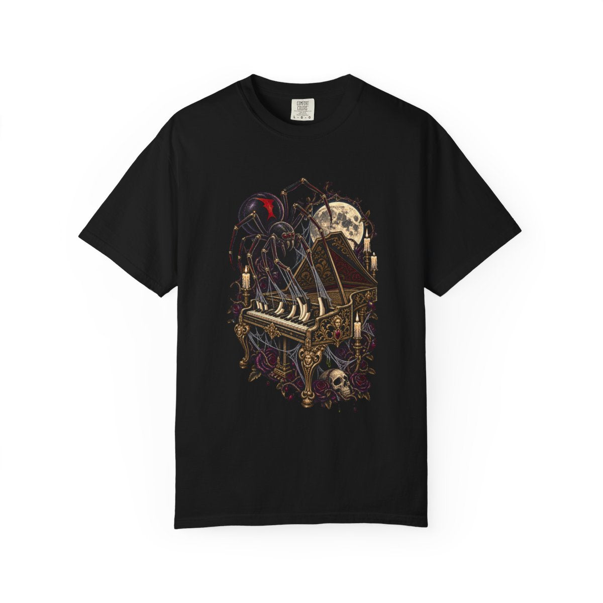 Widow Encore Tee large front print on a Black Comfort Colors 1717 tee