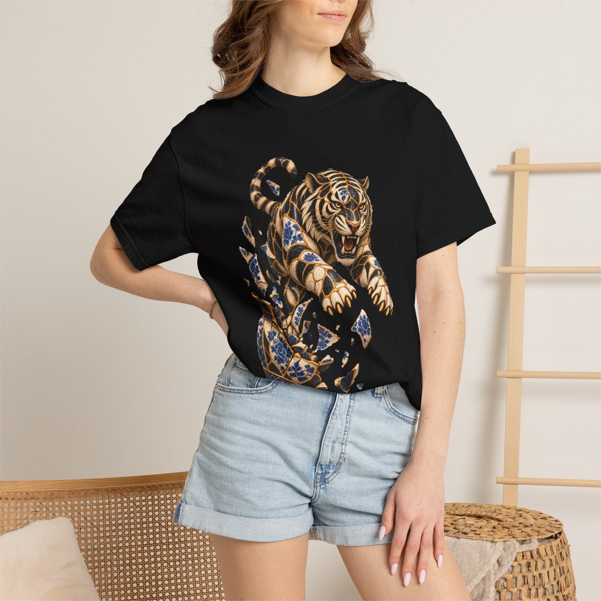 Faultline Tiger Tee worn Printify context view on a Black Comfort Colors 1717 tee