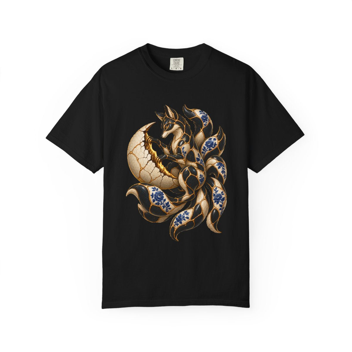 Mooncrack Kitsune Tee large front print on a Black Comfort Colors 1717 tee