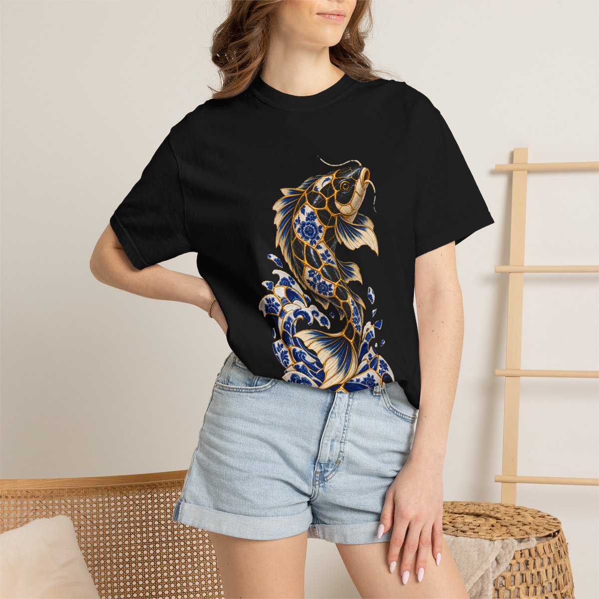 Tidebreaker Koi Tee worn Printify context view on a Black Comfort Colors 1717 tee