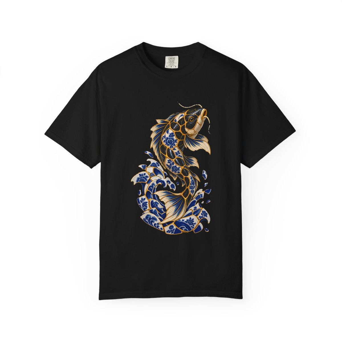 Tidebreaker Koi Tee large front print on a Black Comfort Colors 1717 tee