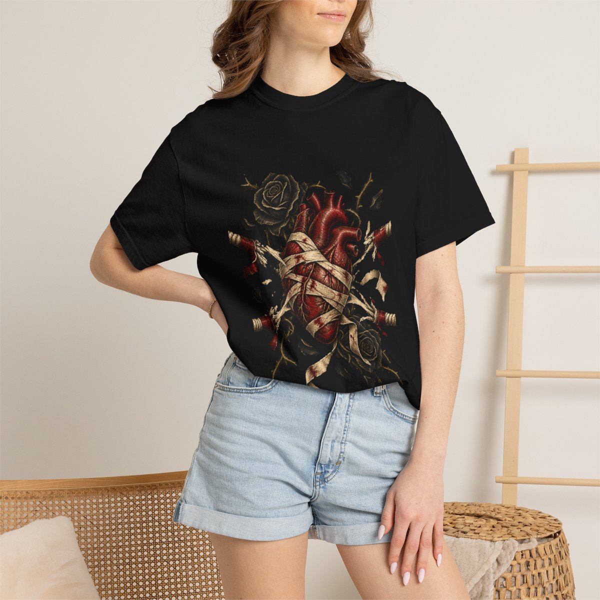 Heart on Ropes Tee worn Printify context view on a Black Comfort Colors 1717 tee