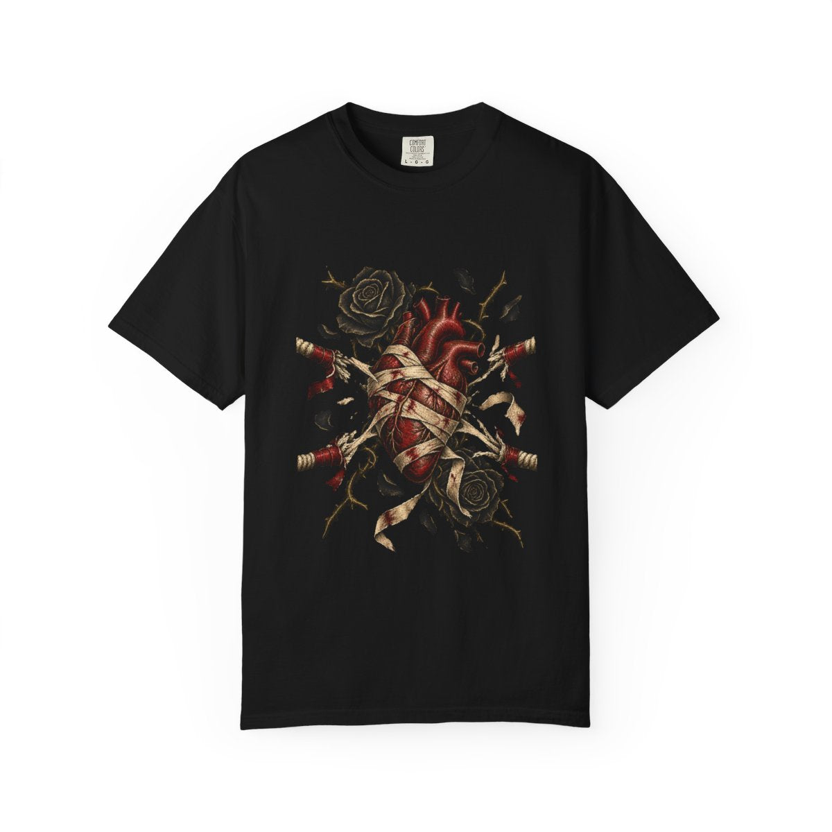 Heart on Ropes Tee large front print on a Black Comfort Colors 1717 tee