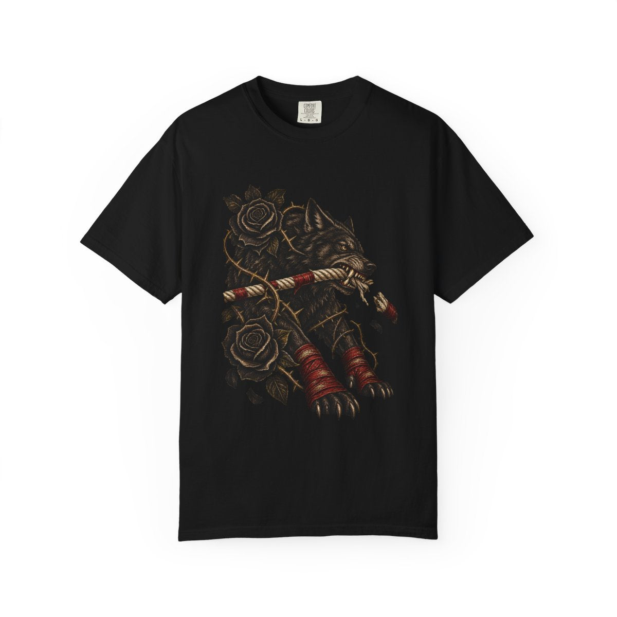 Red Corner Tee large front print on a Black Comfort Colors 1717 tee
