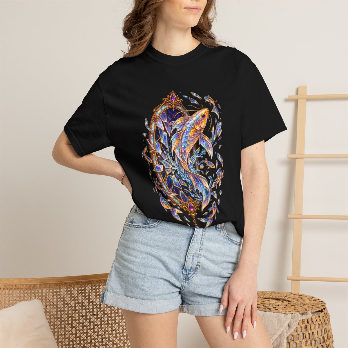 Mirror Koi Tee worn Printify context view on a Black Comfort Colors 1717 tee