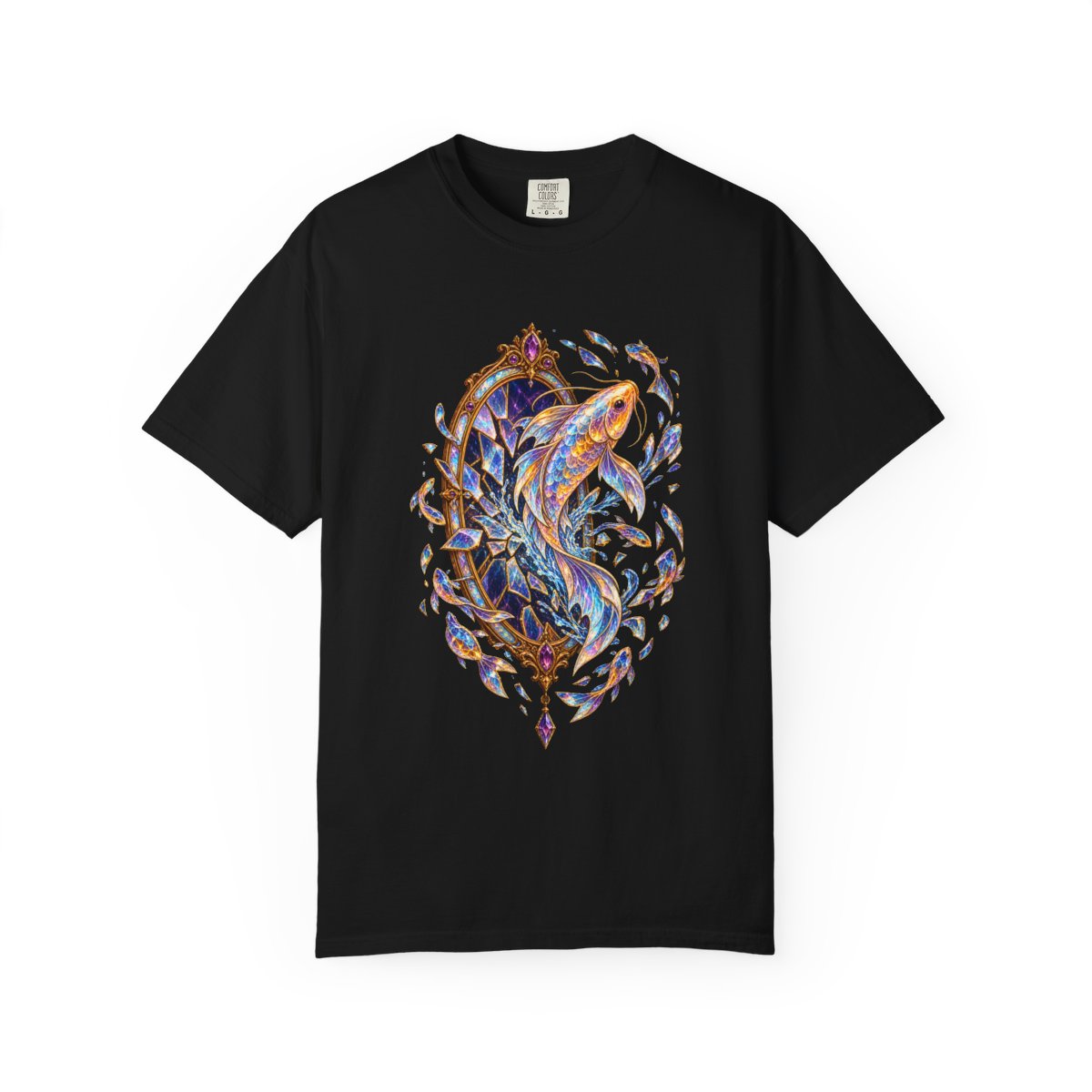Mirror Koi Tee large front print on a Black Comfort Colors 1717 tee
